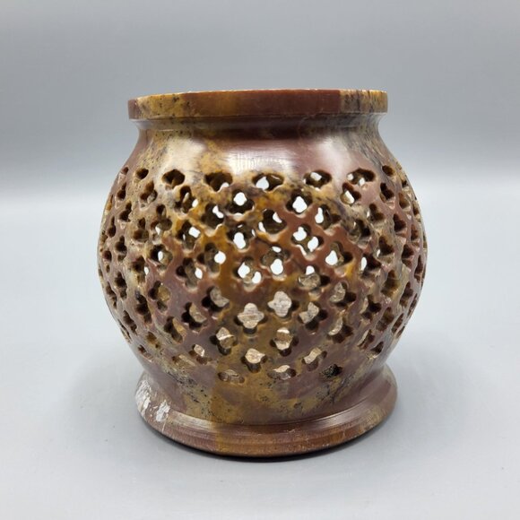 Vintage Decorative Brown Soapstone Stone Carved Candle Holder - Picture 2 of 9